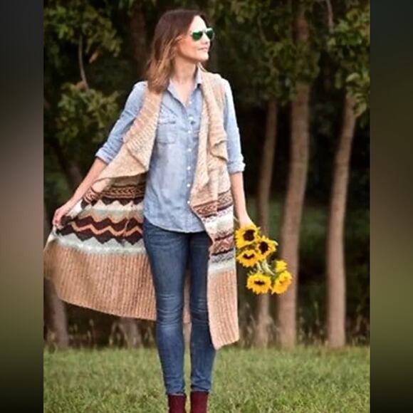 Anthropologie Sleeping On Snow Qullins Jacquard Sweater Duster Sleeveless Tan - Picture 3 of 14